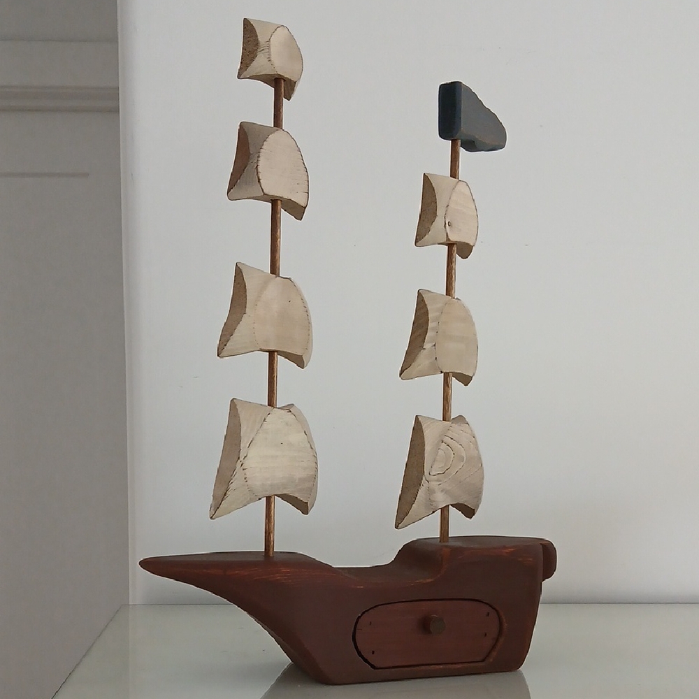 Hand Carved Primitive Folk Art Sailing Ship w/ Drawer Mayflower Vtg Americana
